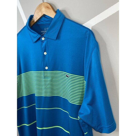 Vineyard Vines Golf Polo Blue Green Stripes Men’s XL Performance Stretch Whale - Picture 3 of 15